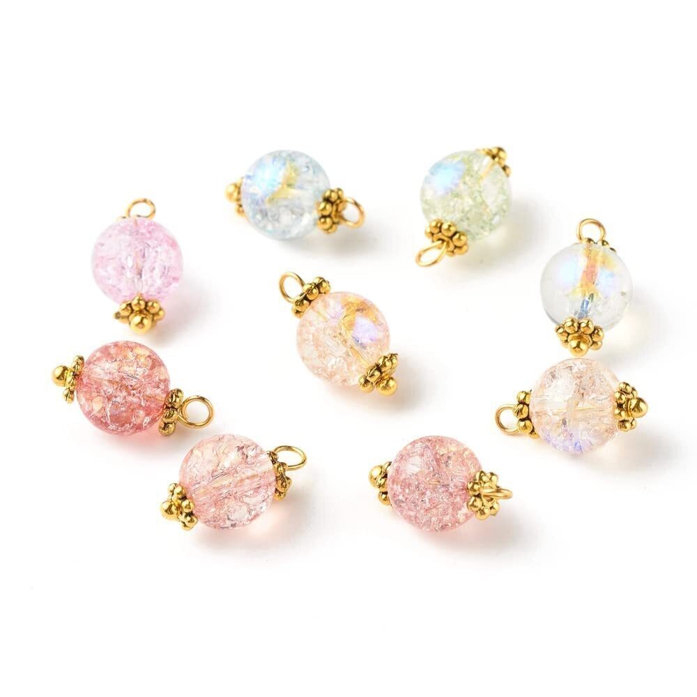 2894 100Pcs Colorful Glass Crackle Bead Pendants Crystal Round Charms